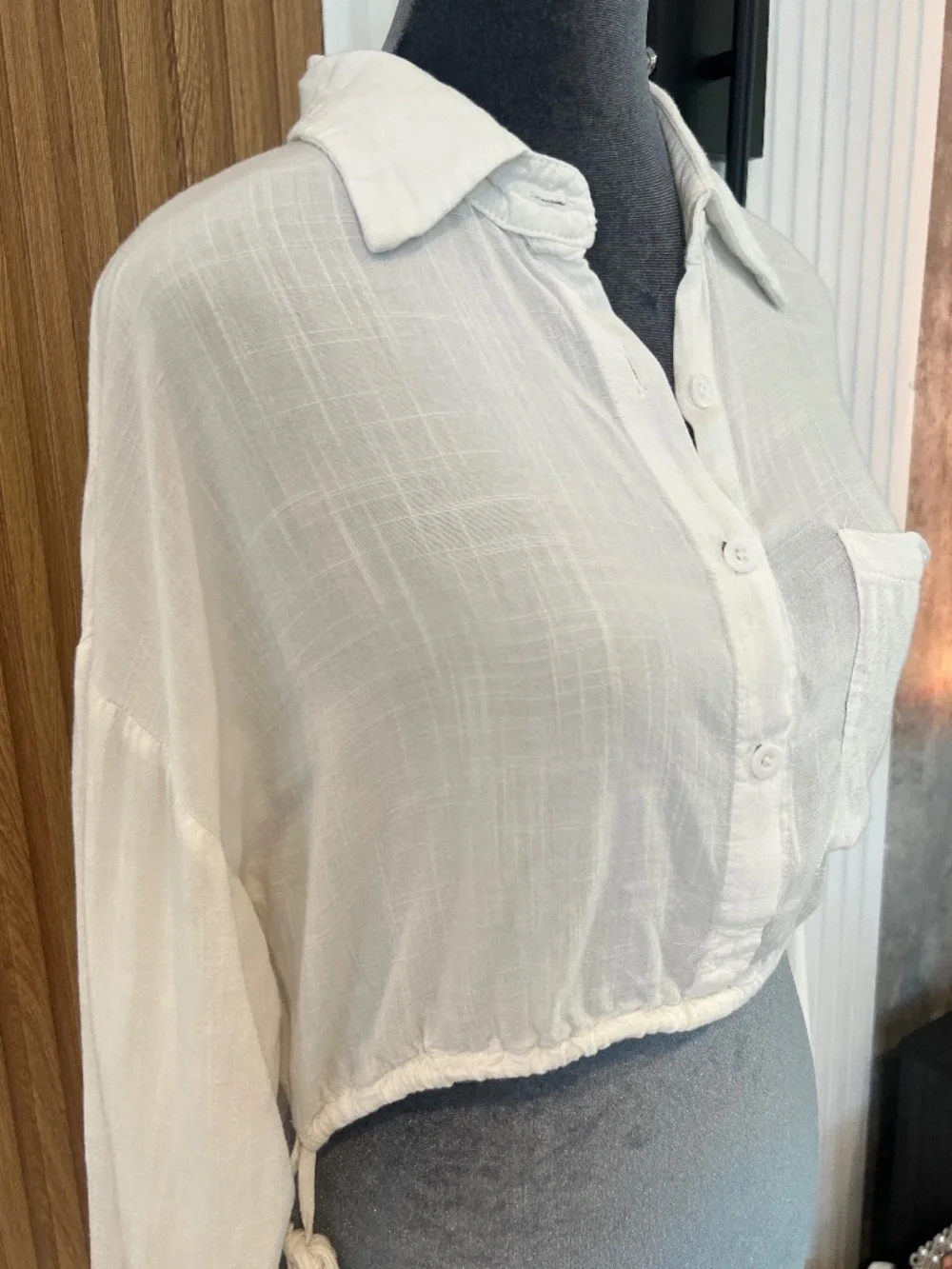 White Cropped Button Up Shirt XS Soft Lightweight Drawstring Waist Blouse